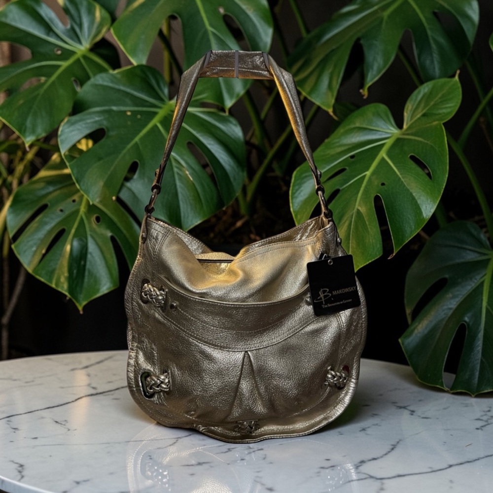 B makowsky Gold Metallic Leather Hobo Bag